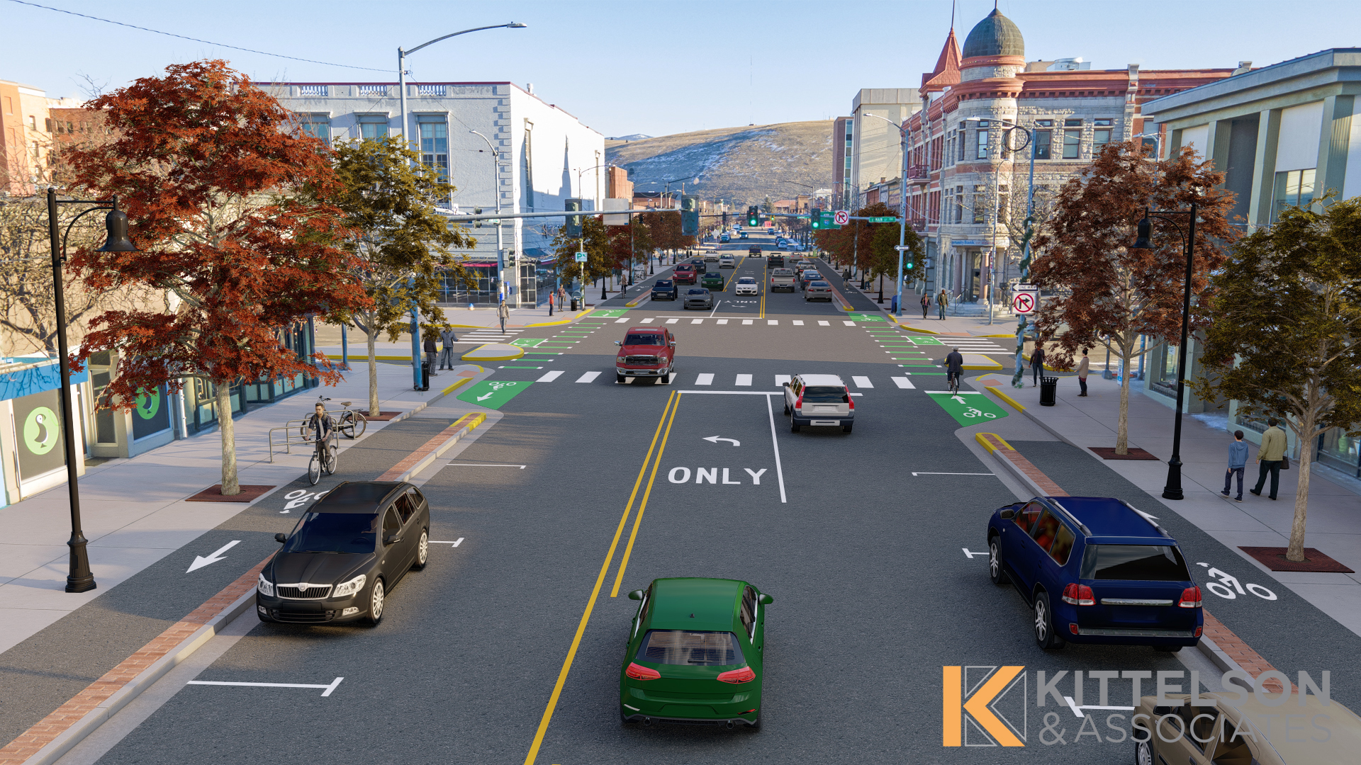 A redesigned roadway with new bikepaths and pedestrians walking along a tree-lined street in autumn.