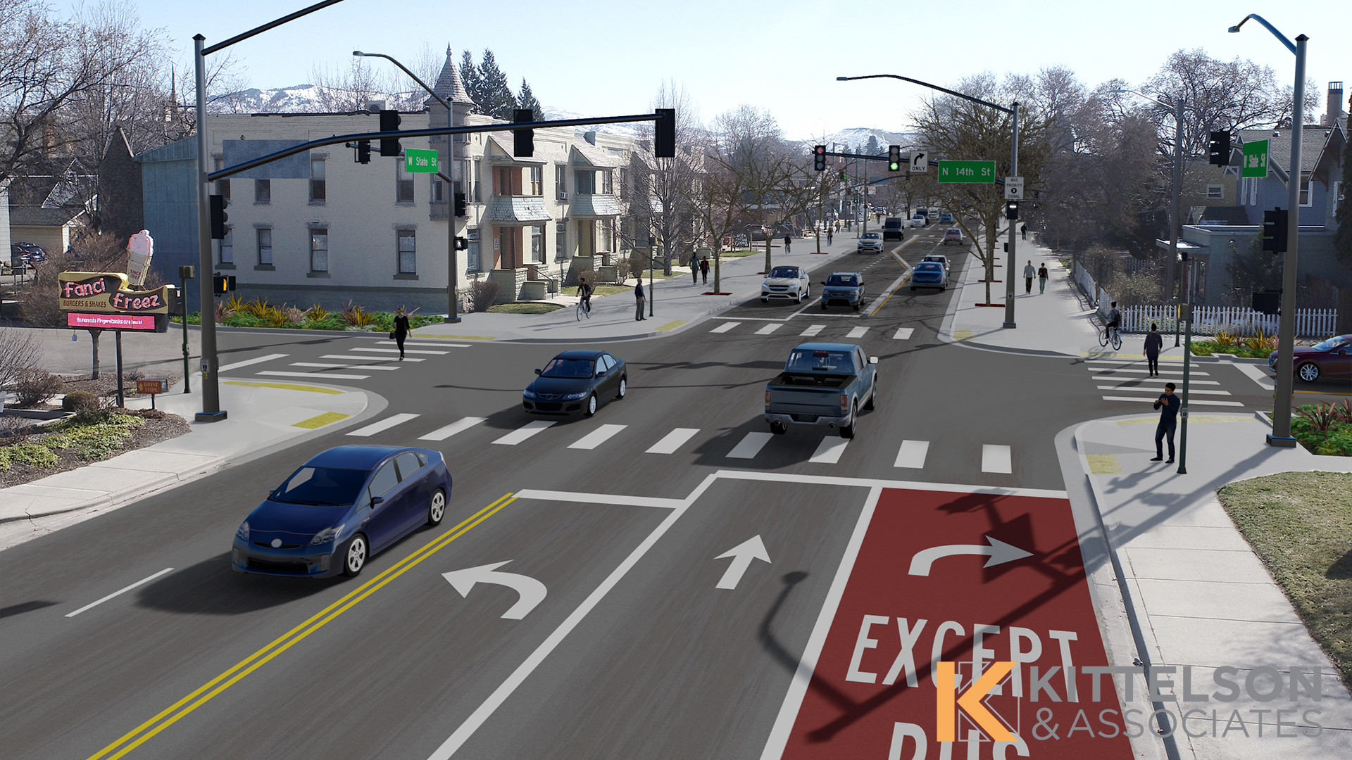 A redesigned roadway with wide sdewalks and pedestrians walking along a tree-lined street in autumn.